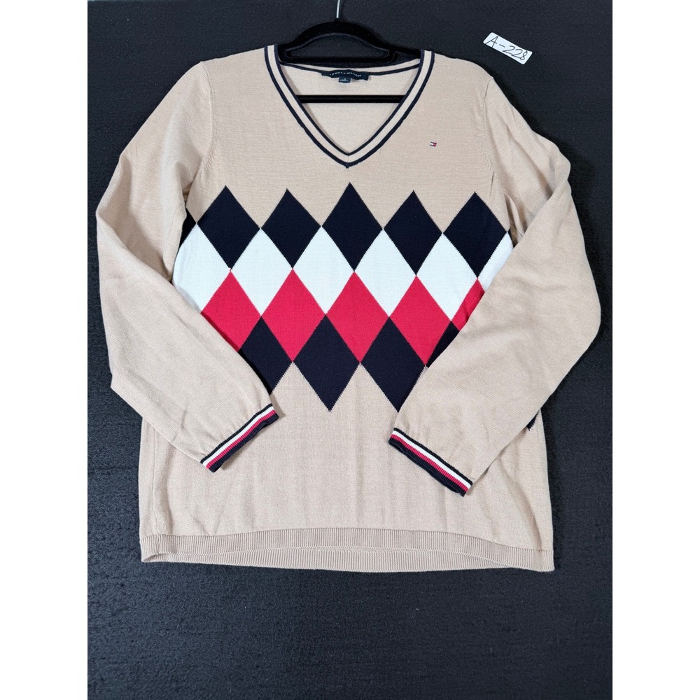 Tommy Hilfiger Womens Argyle V-Neck Sweater Tan Beige Cotton Knit Size M